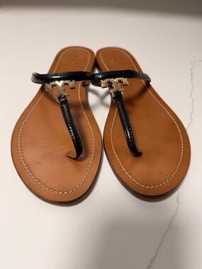 Tory Burch Black Leather Logo Thong Sandals Gold Double T Women’s 8.5